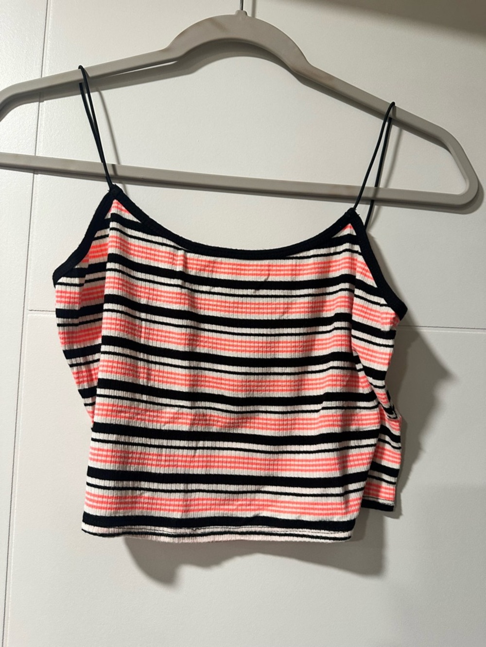 Coral Pink and Black Striped Ribbed Spaghetti Strap Crop Top